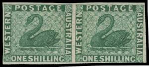 West Aust: 1860-64 Recess in the Colony from Perkins Bacon Plates 1/- horizontal plate proof pair in deep green with the Watermark Sideways, a gorgeous rich shade, margins close to large. Rare. Ex Trevor Hiscock. [A similar pair with good even margins sol