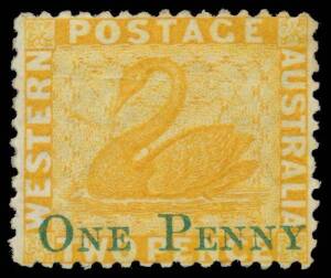 West Aust: 1874 Surcharge 'ONE PENNY' in Green on 2d yellow SG 67 Low Setting unused with part-o.g., and Raised Setting fine used, Cat Â£750. (2)