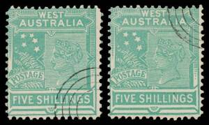 West Aust: 1902-11 V/Crown 5/- emerald-green Single-Line Perf 12Â½ Dies 1 & 2 BW #W63A & B (SG 126var), both CTO with concentric-circles cancels, Cat $500 as used. Unlisted & unpriced CTO. [The ACSC states "A very small numer of cancelled-to-order stamps 