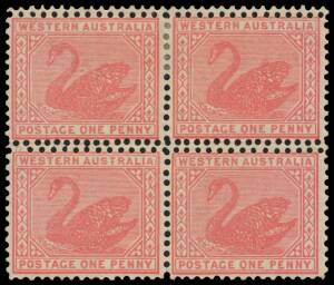 West Aust: 1902-11 V/Crown Mixed Perfs 1d rose-pink Perf 12Â½ block of 4 with an Additional Horizontal Line of Perf 11 at Top & Centrally, large-part o.g. the lower units being unmounted. Unlisted by both Gibbons & the ACSC. Ex Trevor Hiscock. Chris Cerem