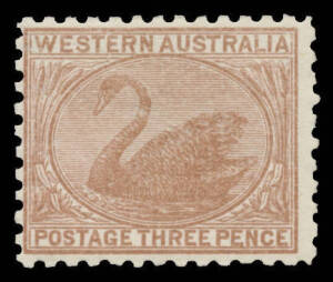 West Aust: 1905-12 Crown/A Perf 11 3d brown with the Watermark Sideways (Reversed) BW #W28aa (SG 153var), large-part o.g., Cat $750.