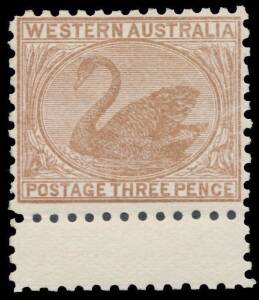 West Aust: 1905-12 Crown/A Perf 11 3d brown with the Watermark Sideways (Reversed) BW #W28aa (SG 153var), marginal example from the base of the upper pane, large-part o.g., Cat $750. Superb! Ex Hiscock. RPSofV Certificate (2016).