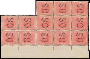 West Aust: PUNCTURED 'OS': Crown/A Perf 12Â½ 1d rose-red with the Watermark Sideways BW #W14A marginal block of 13 (5x3, less the first two units) from the base of the sheet, some creasing, unmounted. Unlisted & rare. [The ACSC states that "OS punctures 