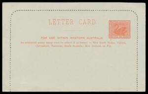 West Aust: LETTER CARDS: 1d red with heading 'FOR USE WITHIN WESTERN AUSTRALIA' LC1, unused. [In WA in 1902, 1d paid the town letter rate only, 2d being the rate both intrastate and interstate, and also to New Zealand & Fiji. The 1d Letter Card is recorde