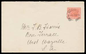 West Aust: ENVELOPES: 1909 Large Die (23Â½x19Â½mm) 1d rose-pink (eosin) EN6var, to South Australia with Kalgoorlie cds of 7AP13. Ex Trevor Hiscock. RPSofV Certificate (2016).