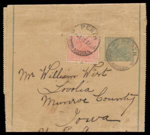 West Aust: WRAPPERS: 1903 Borders (98mm between the lines) Â½d Pope #WR3 uprated to Iowa with 1d tied by Perth cds of 10AP05, minor blemishes. [The foreign rate was 1d for the first 4oz + Â½d for each additional 2oz]