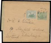 West Aust: WRAPPERS: 1905 Borders (106mm between the lines) &Acirc;&frac12;d Pope #WR3.1 uprated to Scotland with &Acirc;&frac12;d tied by 'CLAREMONT/JA13/06/WA' cds of 10AP05. [The rate to the UK was 1d for the first 8oz]