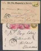 West Aust: 1892-1910 five "dead" letters including with oval 'INSPECTOR DEAD LETTER OFFICE' d/s in violet (rare; in use for one month only), or with 'INSPECTOR' removed in blue & in red-purple, one with 5d perf 'WA', also 1893 flapless cover to Guildford - 2