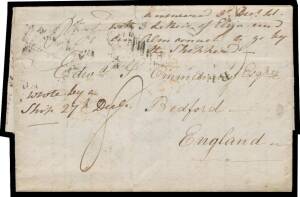 West Aust: 1841 entire headed "Leschenault 15 June 1841" & signed - at top of the first page - "HM Ommanney", to England with poor straightline 'SHIPLETTER' b/s & London transit cds of 24NO24/1841, light 'BEDFORD' arrival cds on the face, minor soiling. [