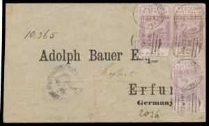 West Aust: 1894 registered cover to Germany with scarce albeit philatelic franking of Postal Fiscals 1d 2d & 3d SG F11-13 (Cat Â£97 x10+ on cover) tied by 'PERTH - WEST/AUSTRALIA' duplex, superb Italian 'AMBTE BOLOGNA-ALA/(No 2)' TPO transit b/s & 'ERFURT