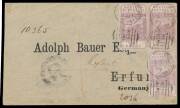 West Aust: 1894 registered cover to Germany with scarce albeit philatelic franking of Postal Fiscals 1d 2d & 3d SG F11-13 (Cat &Acirc;&pound;97 x10+ on cover) tied by 'PERTH - WEST/AUSTRALIA' duplex, superb Italian 'AMBTE BOLOGNA-ALA/(No 2)' TPO transit b/s & 'ERFURT