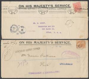 West Aust: 1906-12 OHMS covers with punctured 'OS' 1d x2 (one underpaid to USA & taxed, the other to Switzerland with Swiss Postage Due 10c), 2d or 4d (locally registered but unclaimed), & 1907 with 'Fremantle Harbour Board' imprint to Melbourne with 1d x