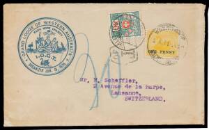 West Aust: 1913 illustrated masonic cover to Switzerland with scarce franking of 'ONE PENNY' on 2d only tied by 'MIDLAND JUNCTION' cds, to Switzerland with 'T/30' h/s, on arrival endorsed "30" in blue with Swiss 30c Postage Due tied by 'LAUSANNE/DISTR LET