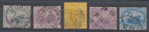 West Aust: POSTMARKS: Range on Hagners with a good selection of Numerals including scarcer types, manuscript cancels, coloured datestamps, parcel post & ship mail types, 'LONDON/MB/...' (Mobile Box), etc, a few better stamps, condition variable; also "Pos