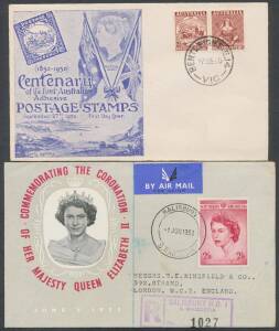 Worldwide: British Empire range on exchange sheets, noted Bechuanaland 10/- Wedding FU, then apparently complete set of 1953 Coronation FDCs still in original HE Wingfield & Co packet, plus Australia mint & used on paper and 1950-70s FDCs including Stamp 