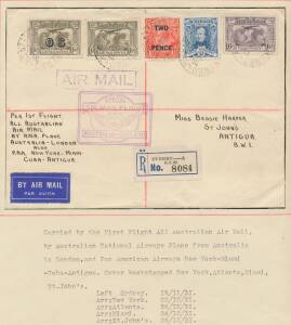 Worldwide: 1931-40 mostly flight covers to more unusual destinations comprising 1931 GB-Czechoslovakia x2 and registered to Antigua, 1934 New Zealand to France x2 and to Tonga, 1934 KLM "Uiver" cover returned to Rangoon, 1936 commercial covers to Sweden x