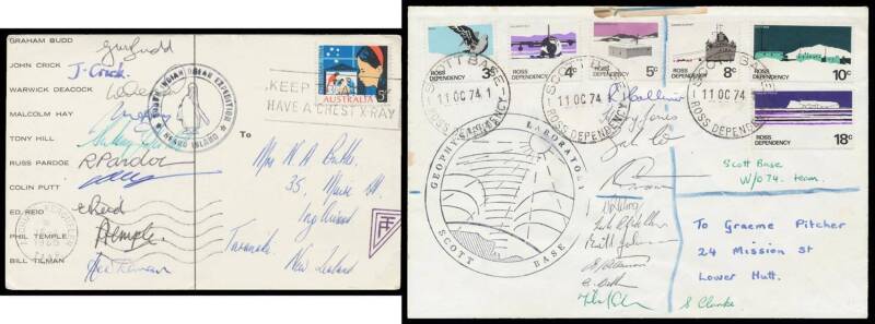 Antarctica: AUSTRALIAN: 1948 Operation Sinbad flight, 1949 & 1950 HMAS 'Labuan' covers x4 different, 1965 postcard with 'SOUTH INDIAN OCEAN EXPEDITION/[Penguin]/HEARD ISLAND' cachet signed by the ten expedition members, 1967 'MERCY VOYAGE TO MACQUARIE ISL