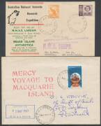 Antarctica: AUSTRALIAN: 1948 Operation Sinbad flight, 1949 & 1950 HMAS 'Labuan' covers x4 different, 1965 postcard with 'SOUTH INDIAN OCEAN EXPEDITION/[Penguin]/HEARD ISLAND' cachet signed by the ten expedition members, 1967 'MERCY VOYAGE TO MACQUARIE ISL - 3