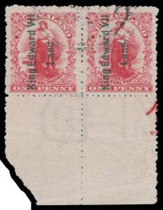 Antarctica: NEW ZEALAND: 1908 'King Edward VII/Land' Overprint in Green on Royle Printing 1d rose-carmine SG A1 (CP #RD1a) marginal pair from the base of the sheet with part-Arrow & One Dot in the margin, characteristic rough perfs, CTO with the Expeditio