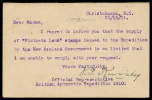 Antarctica: NEW ZEALAND: 1911 return usage of German (10pf+)10pf Reply-Half unnecessarily with New Zealand Â½d & 1d pair added, the message states "...the supply of Victoria Land stamps...is so limited that I am unable to comply with your request" & signe