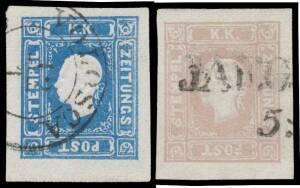 Austria: 1858 Newspaper Stamps Franz Joseph (1.05kr) blue imperf Mi 16 (SG N28) with large to jumbo margins & partial 'VOLOSCA' cds - superb! - plus (1.05kr) lilac imperf Mi 17(SG N29) with fine to large margins & partial straight-line cancel, Cat â€šÂ¬11