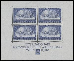 Austria: 1933 WIPA M/S Mi Block 1 (SG MS705), well centred, with the usual adhesion spots in the top margin but otherwise unmounted, with the original presentation folder from which it was removed, Cat â€šÂ¬3950 including folder (Â£3500 for mounted). Acc