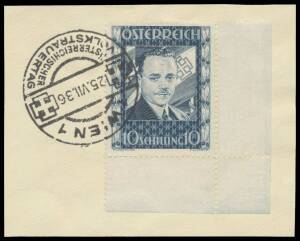 Austria: 1936 Dollfuss 10s slate-blue Mi 588 (SG 793) lower-right corner example tied to piece by '1 WIEN 1/25.VII.36/ OSTERREICHISCHER/VOLKSTRAUERTAG' d/s (= National Day of Mourning) commemorating the second anniversary of the assassination, Cat â€šÂ¬1