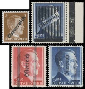 Austria: 1945 Overprints on Hitler comprising Russian Zone 'Osterreich' overprint set Mi 660-663 (SG 826-829) CTO plus un-issued 3pf Mi A IV unmounted with 'STURZEIS' expertising mark (unlisted in SG), Vienna diagonal 'Osterreich' in bars overprint set M