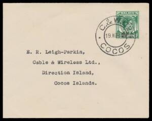 Cocos: 1949 cover to ER Leigh Parkin at Direction Island with BMA Malaya 3c tied by superb strike of the 'C&W LTD/ 19NOV51/COCOS' cds, crude typeset 'Cocos-Keeling/Is' h/s on the reverse. Superb!