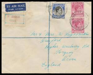 Cocos: 1950 Leigh Parkin airmail cover to his parents in Devon with typed 'R COCOS/0003' registration label & superb 'C&W LTD/1DEC50/COCOS' backstamp, Singapore 10c pair & 50c tied by 'MAXWELL ROAD/11DEC50/SINGAPORE' cds, the Cocos label not recognised & 