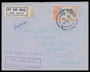 Cocos: 1950-52 TIN CAN MAIL SERVICE: 1951 Leigh Parkin airmail cover to Bucks with very fine strikes of the boxed 'TIN CAN MAIL/COCOS-KEELING IS' h/s & straight-line 'Per WAVE BARON' h/s both in violet, Ceylon 75c for airmail affixed & tied by Colombo cds