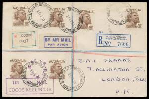 Cocos: 1950-52 TIN CAN MAIL SERVICE: 1951 philatelic cover by air to London with superb strike of the boxed 'TIN CAN MAIL/COCOS-KEELING IS' h/s & typset "R COCOS/0037' registration label, registered at Perth with Australian 8Â½d Aborigine x6 affixed.