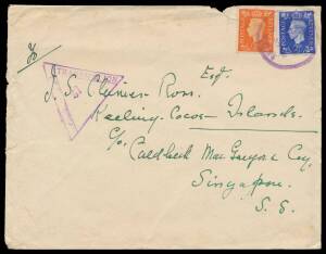 Cocos: INWARDS MAIL: c.1941 commercial cover from England with 2d & 2Â½d tied by unclear rubber cds in violet, to "JS Clunies-Ross/ Keeling-Cocos Islands/co Caldbeck MacGregor/Singapore", Singapore Censor #87 cachet in violet, minor defects. A rare WWII-p