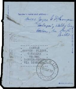 Cocos: INWARDS MAIL: 1951 (May 2) usage of GB 6d Aerogramme to ER Leigh Parkin c/- Cable & Wireless Ltd at Singapore with 'QANTAS/SURVEY FLIGHT/CATALIONA/VH-EBA/DARWIN-COCOS/VIA DJAKARTA' typed directly on the reverse, superb 'C&W LTD/30MAY51/COCOS' arriv