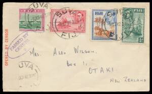 Fiji: WORLD WAR II CENSORSHIP: 1942-44 mostly commercial covers with 'OPENED BY CENSOR' red/white labels tied by 'PASSED BY/CENSOR/ 3 '-in-oval or similar No 9 cachet, black/white label tied by similar No 4 cachet, NZ-style labels 'OPENED BY EXAMINER/X 11