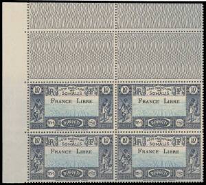 France: SOMALI COAST: 1942 'FRANCE LIBRE' Overprints 5fr 10fr & 20fr SG 340-2 upper-left corner blocks of 4 with engine-turning in the margins, unmounted, Cat Â£700+. Pristine! (3 blocks)