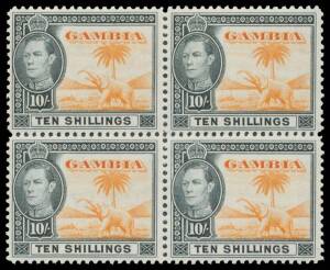 Gambia: 1938 KGVI Definitives SG 150-161 blocks of 4 , well centred, unmounted, Cat Â£600+. (13 blocks)