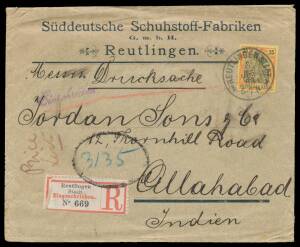 Germany: Mail to India group including 1903 SÃƒÂ¼ddeutsche Schuhstoff-Fabriken cover endorsed "Drucksache" with Germania 25pf 'SFS' perfin single tied 'REUTLINGEN STADT' cds paying 5pf printed matter rate plus 20pf registration fee, another registered fro