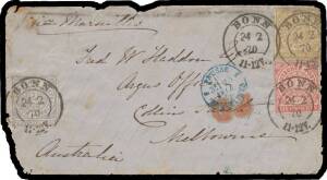 Germany: NORTH GERMAN CONFEDERATION: 1870 cover front to Melbourne "via Marseilles" with Numerals Rouletted 5gr brown and Perf 14x14Â½ 1gr red & 2gr blue tied 'BONN/24 2/70' cds paying 7gr letter rate + 1gr surcharge for carriage via France with 'PRUSSE/2