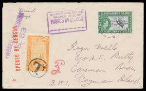 Gilberts: WORLD WAR II CENSORSHIP: Mostly philatelic covers with unnumbered boxed cachets including to NZ with very worn '.../PO/ONOTOA' cancel & mss "2d/Postage/Due" and underpaid to BWI with Caymans 3d tied by 'T'-in-circle & 'CAYMAN BRAC' arrival b/s; 