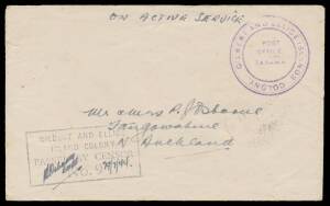 Gilberts: WORLD WAR II CENSORSHIP: 1944 OAS cover to Auckland with undated '.../POST/OFFICE/TARAWA' h/s in violet & boxed '.../PASSED BY CENSOR/No 9' cachet (Little #H4-9; the only recorded example) endorsed "M Osborne/Capt 19.7.44" with 'TANGOWAHINE/4AU4