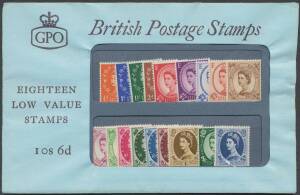 GB: PRESENTATION PACKS: 1960 Forerunners '10s 6d Eighteen Low Value Stamps', SG Spec SPP1(a) Type A for sale in the UK, containing SG 570-586, usual minor wrinkles, unopened, Cat Â£275.