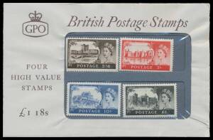 GB: PRESENTATION PACKS: 1960 Forerunners De La Rue Castles inscribed 'Â£1 18s', SG Spec TPP1(c) Type C, SG 595-598, packaging lightly wrinkled, unopened, Cat Â£1400. Scarce. [The Type C pack was sold at the 1960 Festival Hall International Stamp Exhibiti