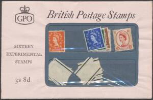 GB: PRESENTATION PACKS: 1960 Forerunners '3s 8d Sixteen Experimental Stamps', Type A, (for sale in the UK), SG Spec SPP2(a), SG 599-609, containing two of each denomination of the Phosphor-Graphite experimantal issue, usual minor wrinkles, unopened, Cat 