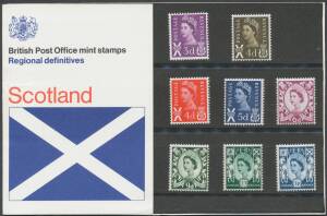 GB: PRESENTATION PACKS: REGIONALS: 1960 Forerunner Presentation Packs '7s 3d Twelve Regional Stamps', Type A, (for sale in the UK), SG Spec XPP1(a), containing one of each ordinary 3d, 6d & 1/3d from Northern Ireland, Scotland and Wales, minor wrinkles, 