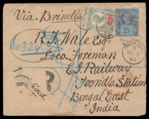 GB: Mail to India including 1877 with 6d Plate 15 single, 1881 with 5d indigo pair, 1882 with 2Â½d blue pair, 1885 with 5d green single, 1889 1d Envelope registered with Jubilee 6d added and another with Jubilee 2Â½d taxed 'VALUE OF STAMPS 2Â½d/DEFICIENCY