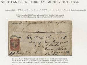 GB: Royal Navy group comprising 1864 cover from Uruguay endorsed "From Wm Wiggett HMS Bombay SAmerica"; 1866 large-part officer's front endorsed "Via Panama" with 1d & 6d and docketed "written at Vancouver/Febry 1866"; 1898 defective cover endorsed "From 