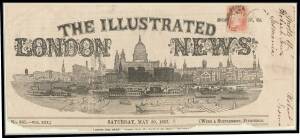 GB: Mail to Tasmania with 1850 small-part & 1857 banner from London Illustrated News both with 1d, 1856 with Embossed 6d pair (cut-square, the right-hand unit just touched at the base), 1862 with 1/- SG 72, 1869 entire with 10d (marginal with part 'TAGE' 