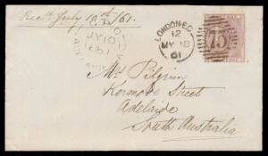 GB: 1861 cover to South Australia with very fine 6d lilac SG 70 tied by superb 'LONDON EC/ 12 /MY18/61 - 75' duplex, 'GPO/JY10/1861/ADELAIDE SA' arrival cds on the face. Superb! [With the enclosed letter from brother to sister]