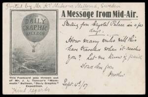 GB: 1907 (Oct) "Daily Graphic" Expedition PPC of a Balloon over a Riverine Landscape, to London with Swedish 1o only tied by 'MELLERUD/12/12/1907' cds & with 'T'-in-octagon h/s, London arrival cds of DE16/07 & superb '2D/FB' h/s.